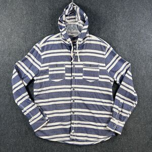 Johnnie O Surflannel Hoodie Men’s Med Blue White Striped Pockets Shirt Twilight